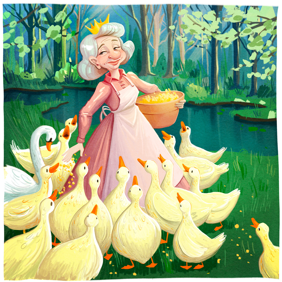 Illustration of old princess feeding ducks