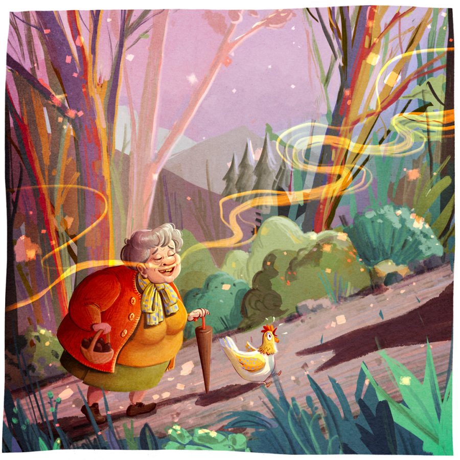 Illustration of a fat old woman going up a hill with a chicle in front of her