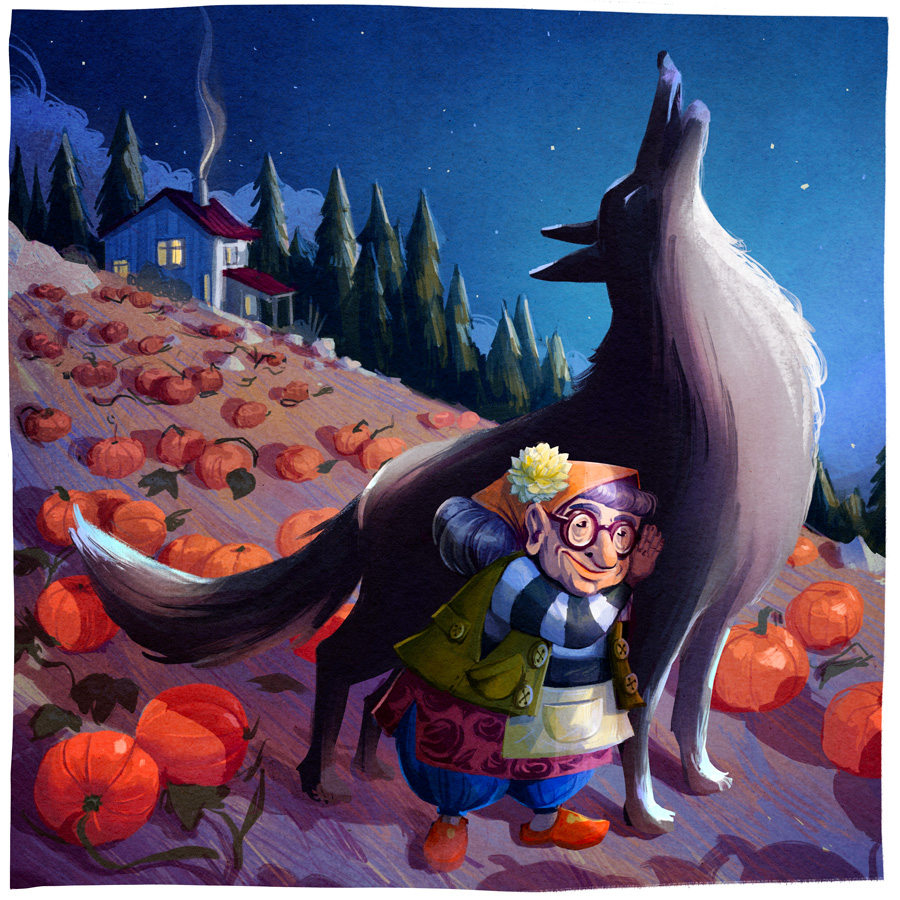 Illustration of a huge wolf howling to the moon next to a quirky old lady in a pumpkin patch.
